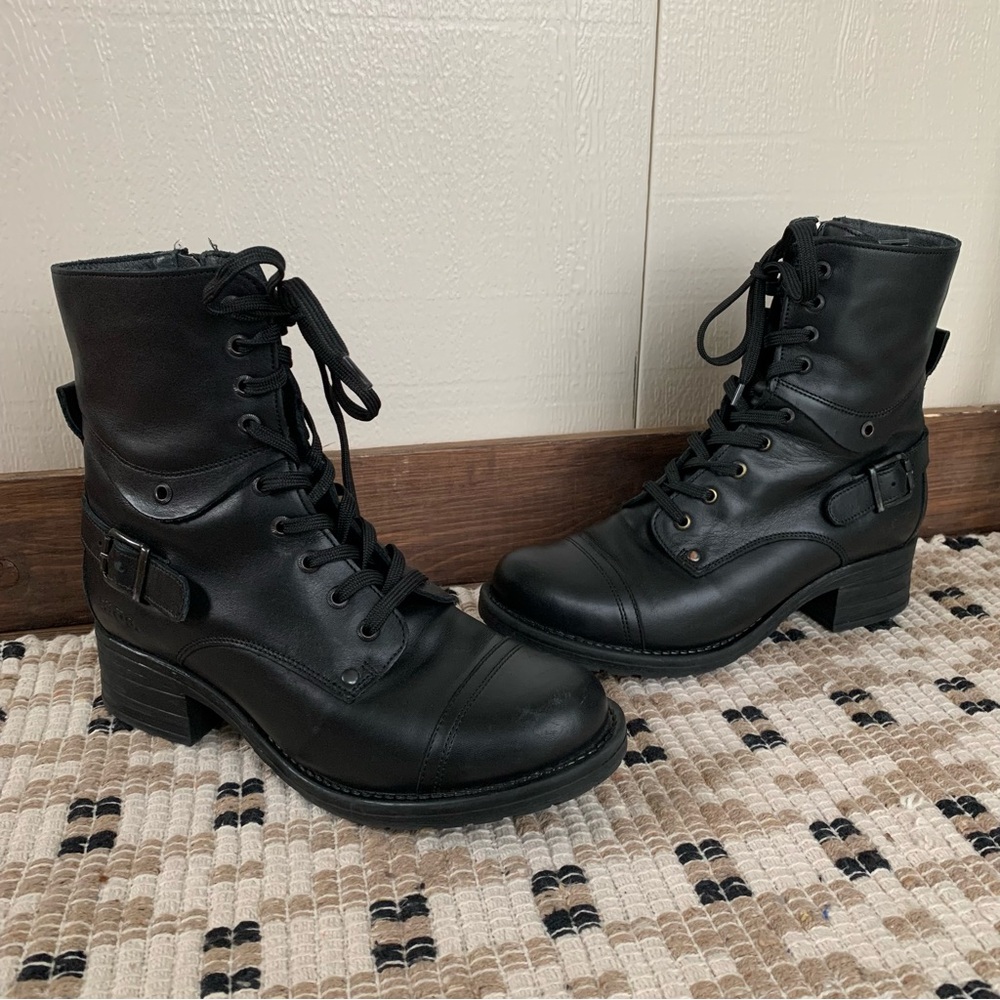 Taos Crave Moto Combat Boot Leather Side Zip Buckle Black Womens 8 8.5 39